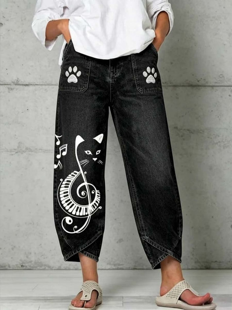 Women's Black Cat Music Note Print Mid Waist Cropped Pants