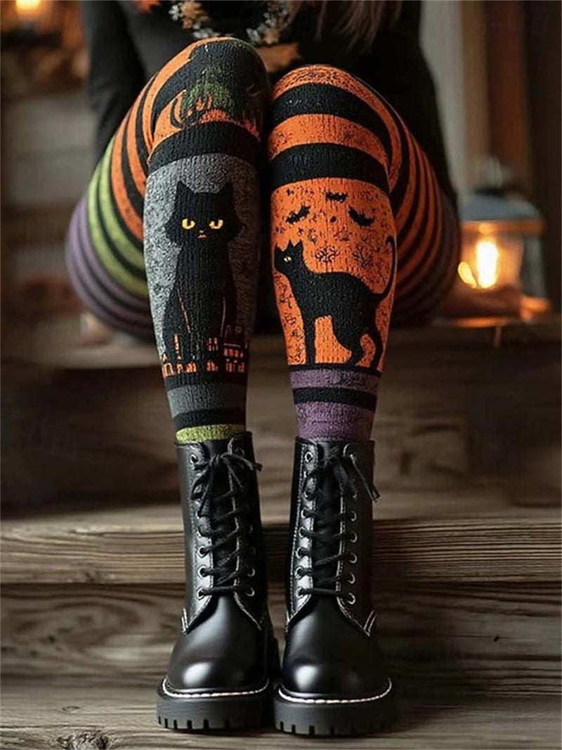 Women's Halloween Multi Cat Stripe High Waist Full Length Leggings