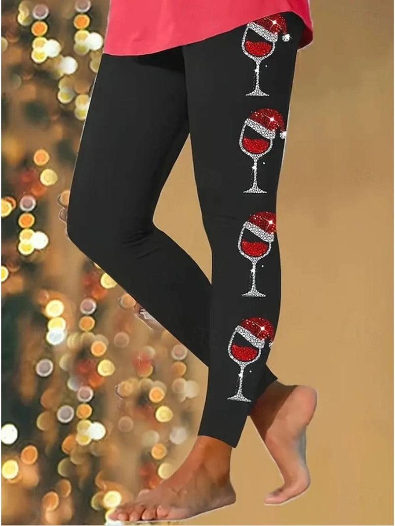 Women's Christmas Black Wine Glass High Waist Ankle Length Leggings