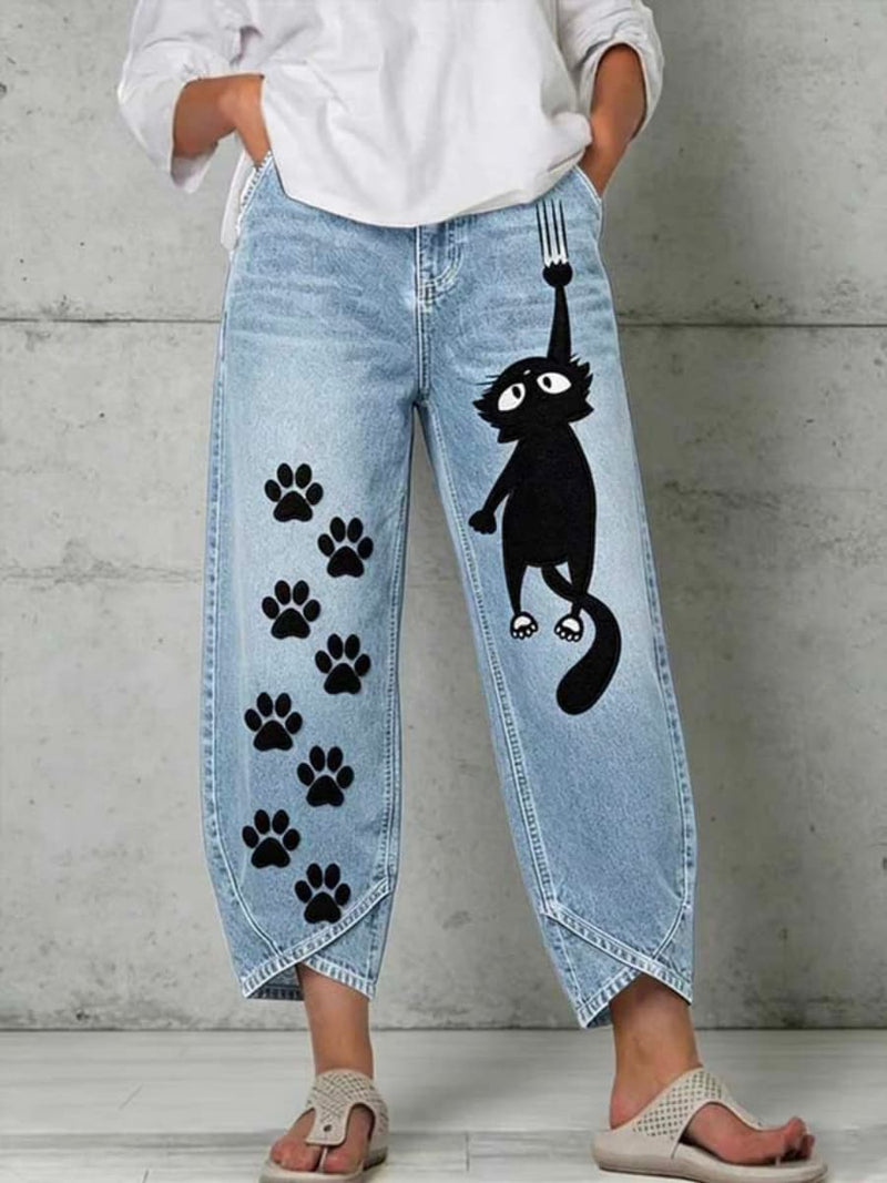 Women's Light Blue Cat Paw Print Mid Waist Cropped Pants