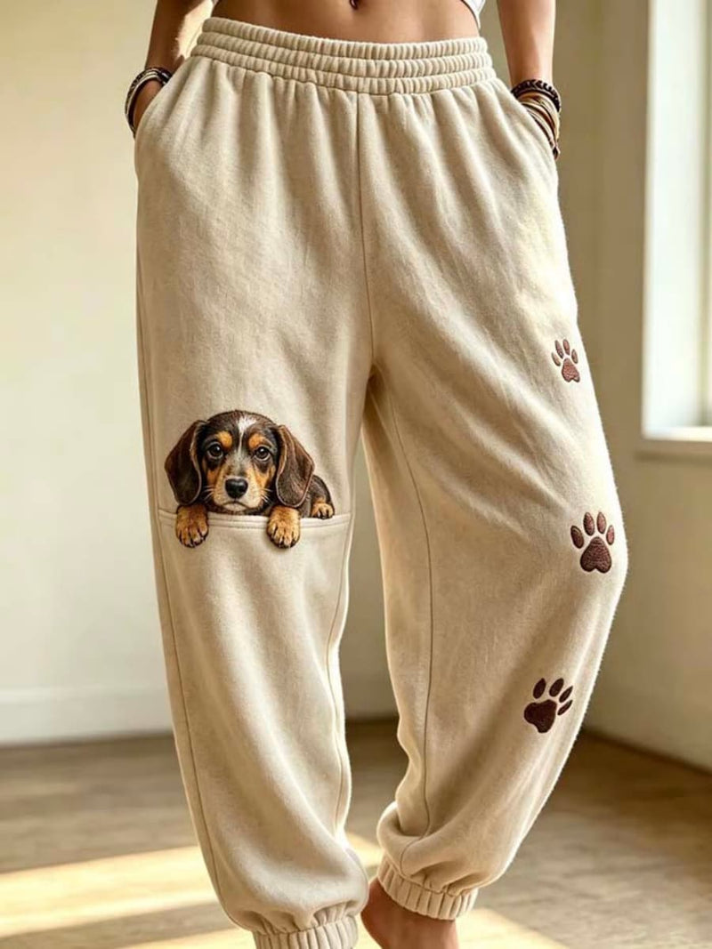 Women's Beige Dog Paw Print Elastic Waist Ankle Length Pants