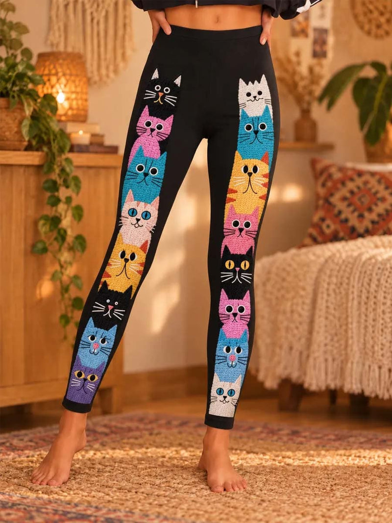 Women's Black Cute Cat Elastic Waist Ankle Length Leggings