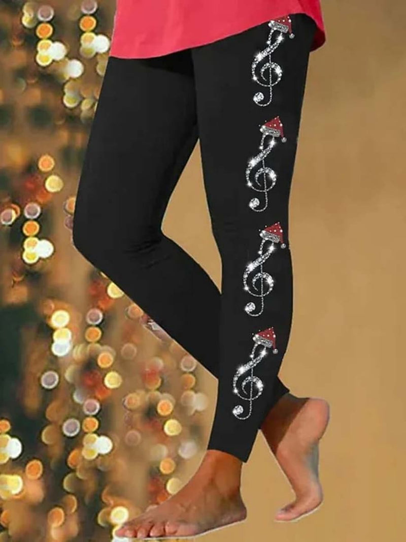 Women's Christmas Black Music Note Print Elastic Waist Ankle Length Leggings