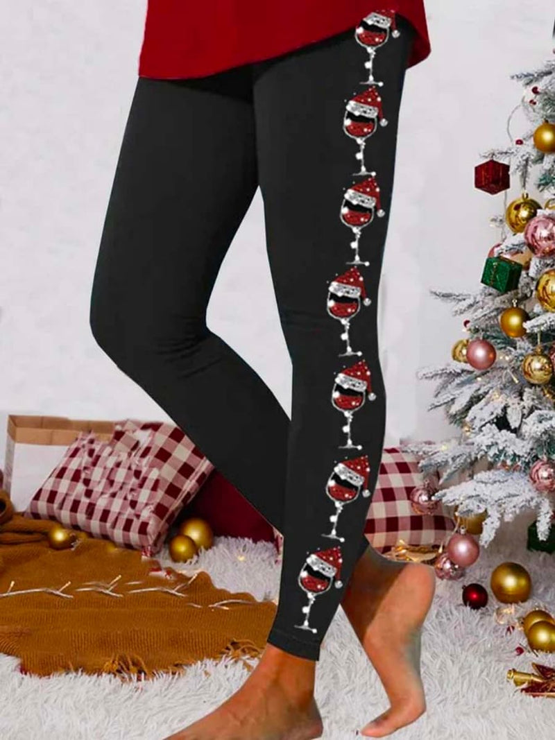 Women's Christmas Black Wine Glass Print Elastic Waist Ankle Length Leggings