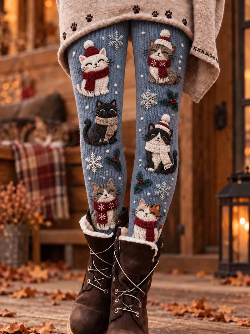 Women's Christmas Blue Cat Snowflake Print Elastic Waist Ankle Length Leggings
