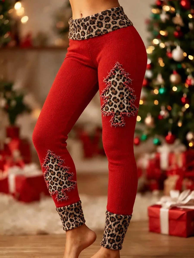 Women's Christmas Red Christmas Tree Leopard Elastic Waist Ankle Length Leggings