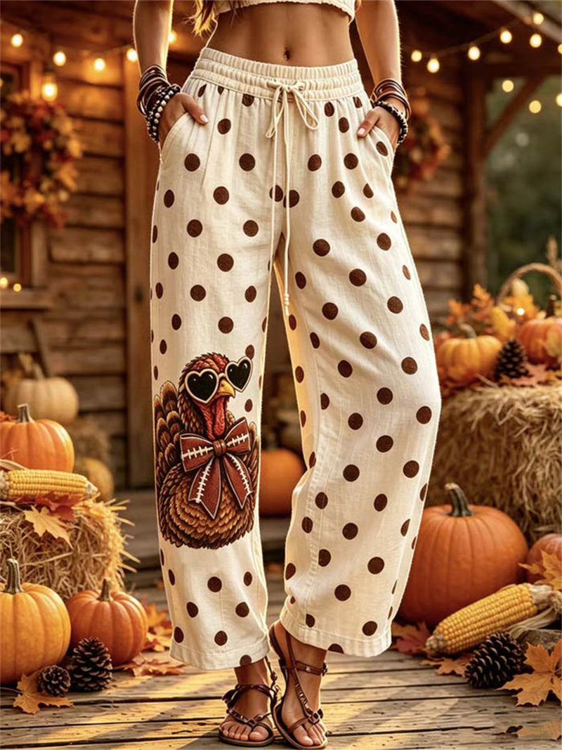 Women's Thanksgiving Cream Polka Dot Turkey Elastic Waist Ankle Length Pants