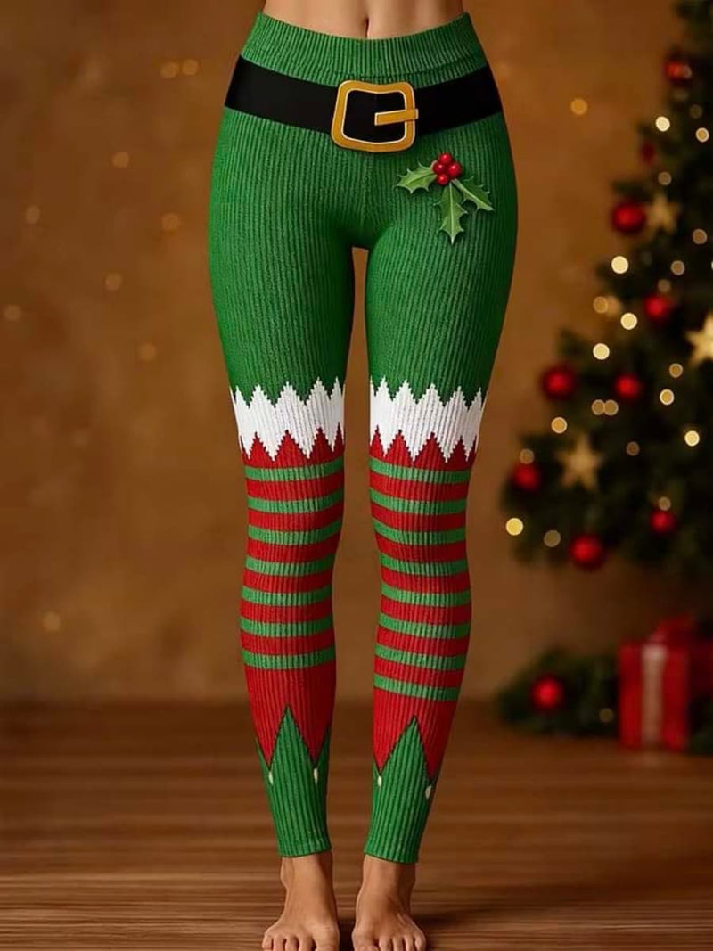 Women's Christmas Multi Striped Elf Print Elastic Waist Ankle Length Leggings