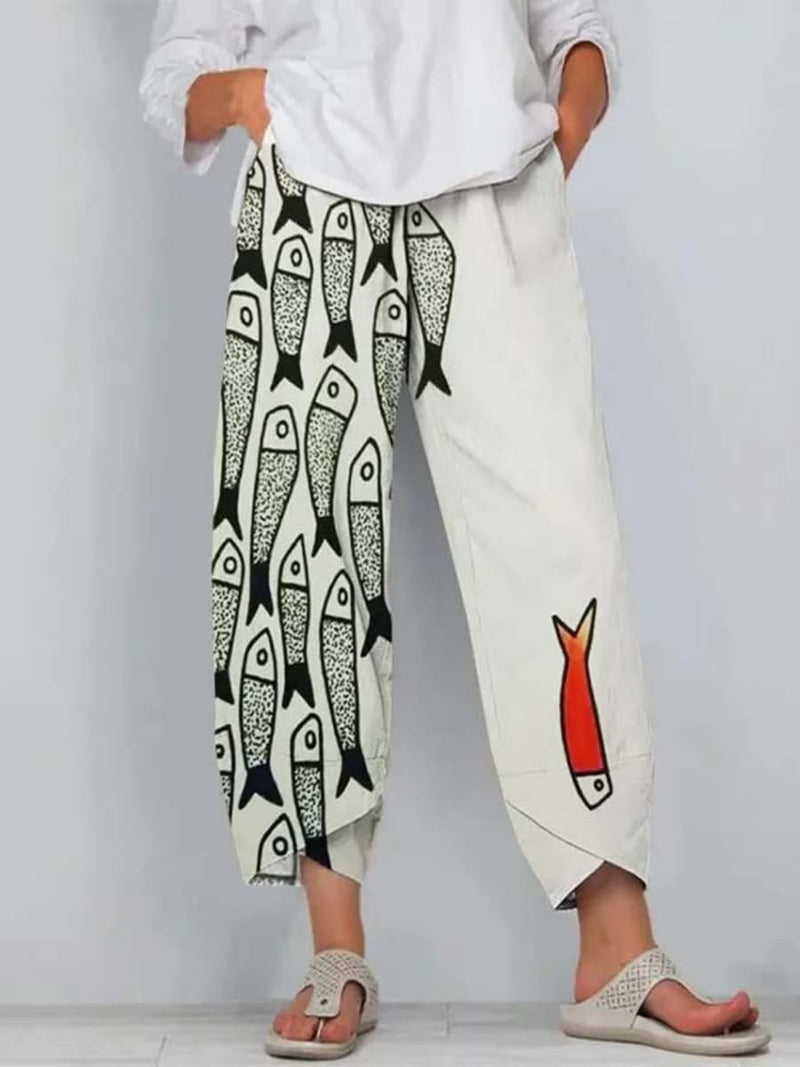 Women's Off White Fish Print Elastic Waist Cropped Pants