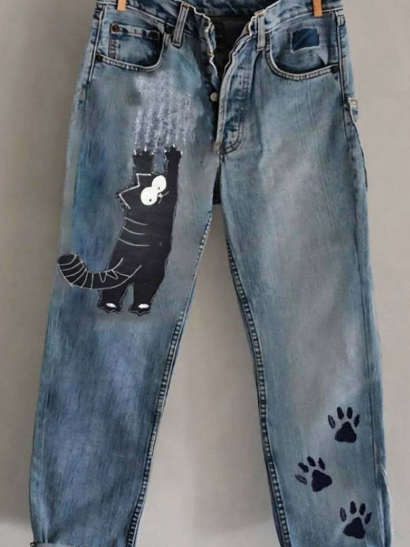 Women's Light Blue Cat Print Mid Waist Ankle Length Pants