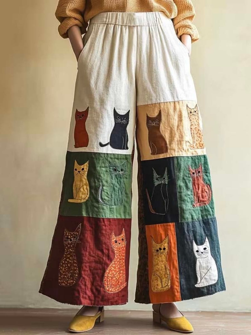 Women's Multi Patchwork Cat Elastic Waist Ankle Length Pants