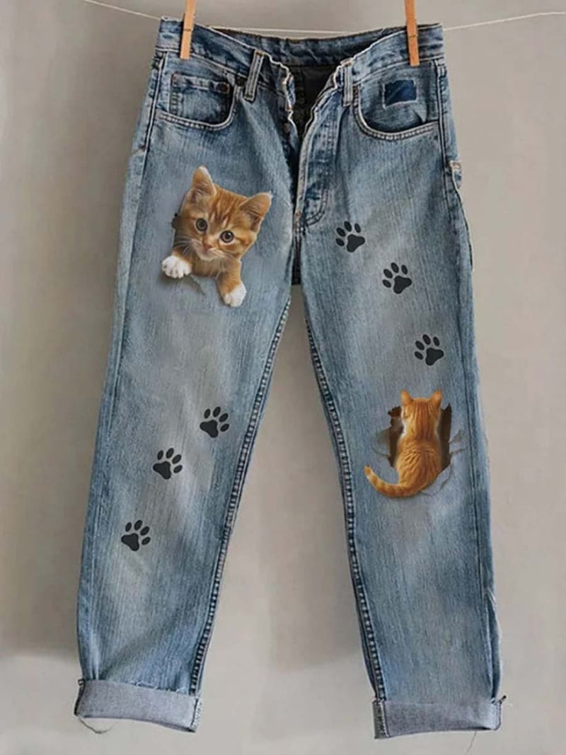 Women's Blue Cat Paw Print Mid Waist Ankle Length Pants