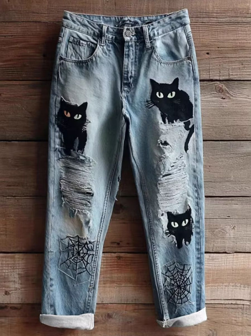 Women's Halloween Light Blue Cat Spider Print High Waist Ankle Length Pants