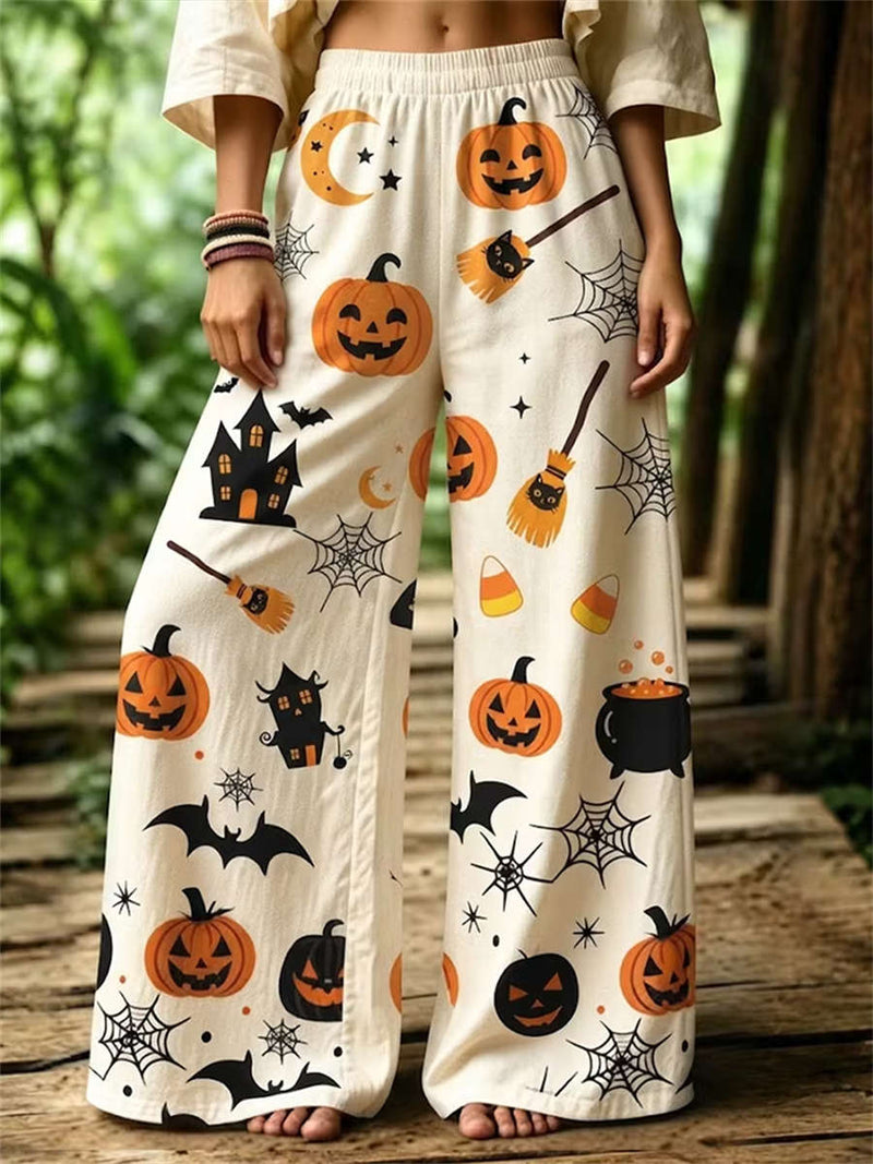 Women's Halloween Off White Pumpkin Ghost Print Elastic Waist Maxi Pants