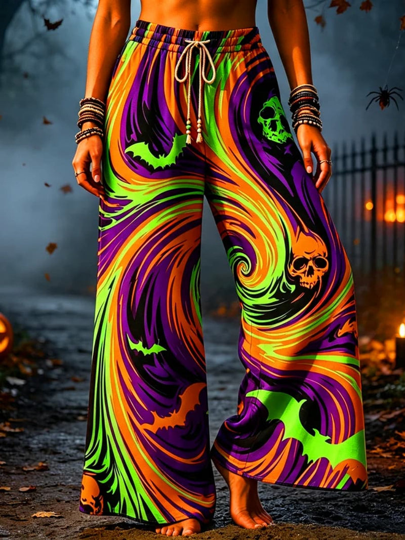 Women's Halloween Multi Swirl Skull Bat Print Elastic Waist Maxi Pants