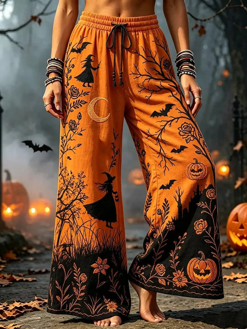 Women's Halloween Orange Witch Bat Pumpkin Moon Floral Print Elastic Drawstring Waist Full Length Pants