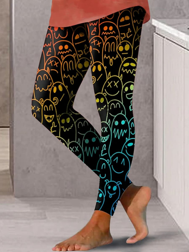 Women's Halloween Black Ghost Print High Waist Ankle Length Pants