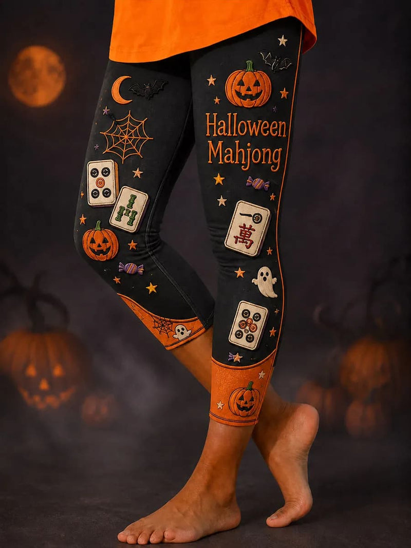 Women's Halloween Black Mahjong Pumpkin Print Elastic Waist Midi Pants