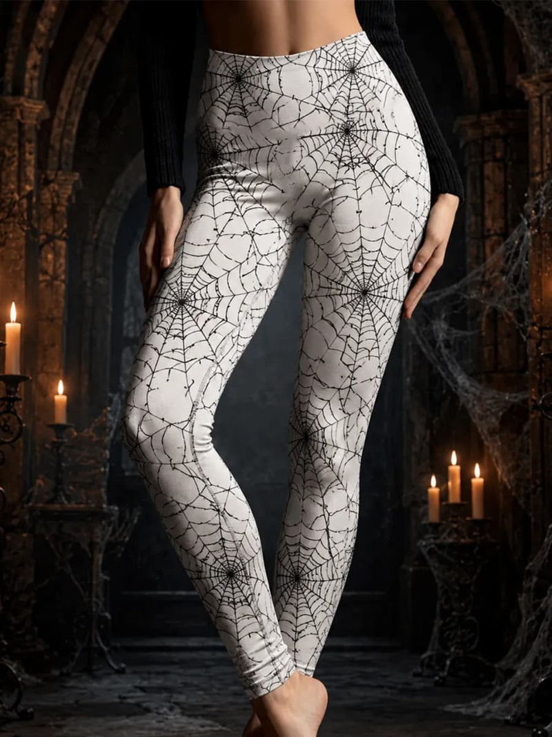 Women's Halloween White Spider Web Print High Waist Maxi Pants