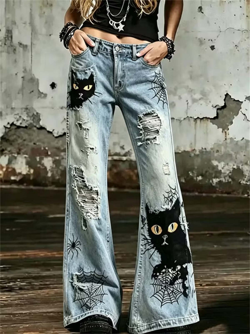 Women's Halloween Light Wash Mid Waist Flare Leg Jeans