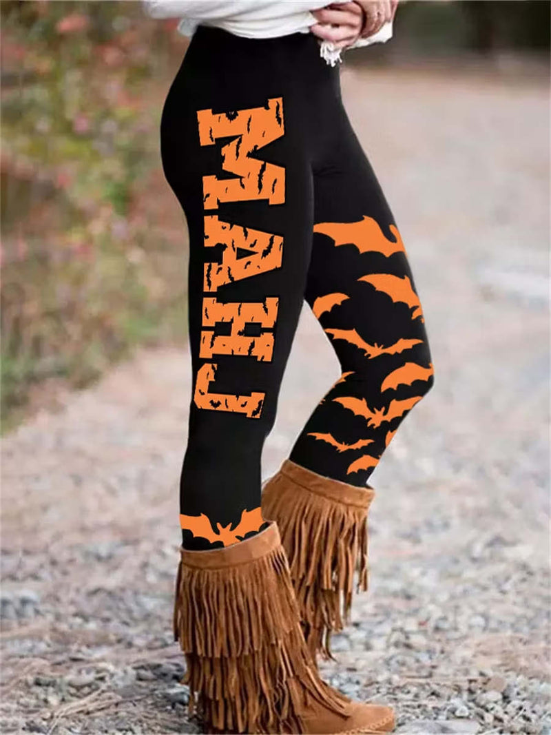 Women's Halloween Black Bat Letter Print High Waist Maxi Pants