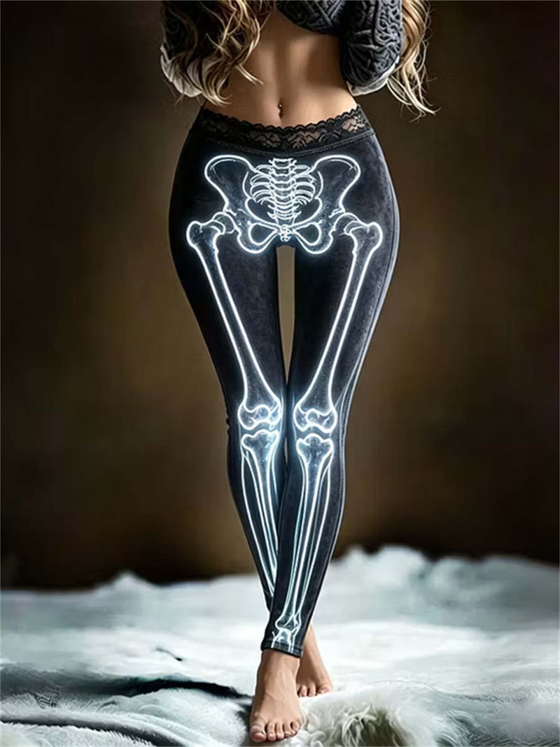 Women's Halloween Black Skeleton Print High Waist Maxi Pants