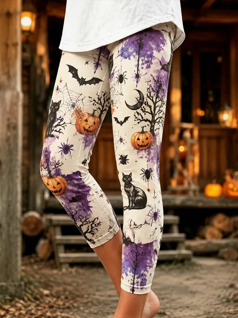 Women's Halloween Multi Pumpkin Black Cat Print High Waist Midi Leggings