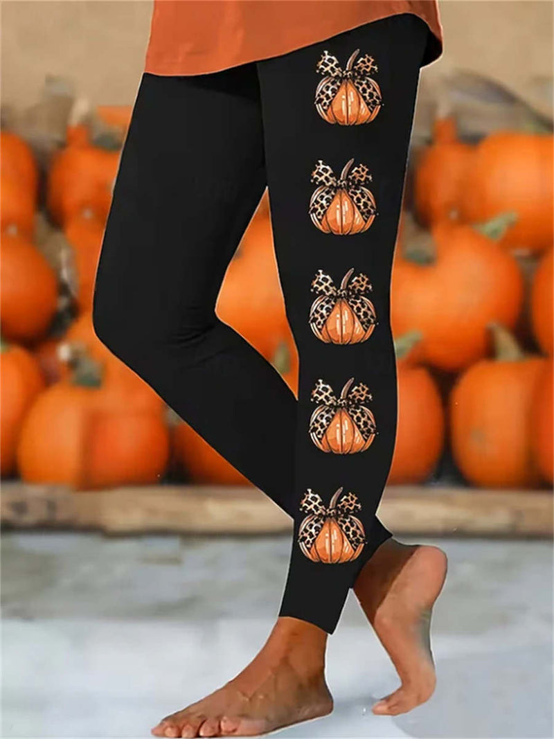 Women's Halloween Black Pumpkin Leopard Bow Print High Waist Full Length Pants