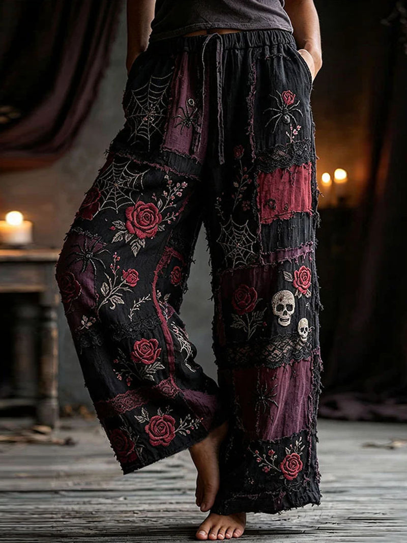 Women's Halloween Multi Floral Skull Spider Print Elastic Waist Wide Leg Pants
