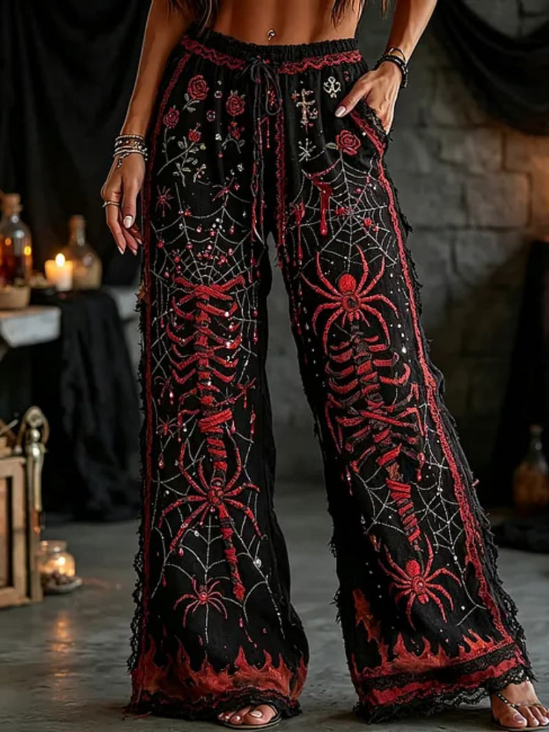 Women's Halloween Black Spider Rose Print Elastic Waist Wide Leg Pants