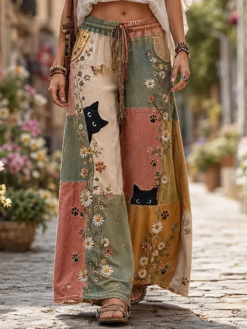 Women's Multi Cat Floral Patchwork Elastic Waist Maxi Pants
