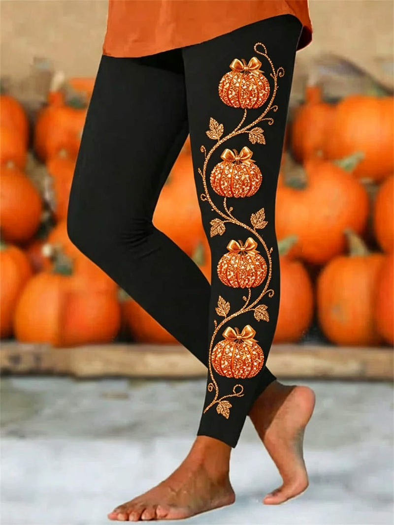 Women's Halloween Black Pumpkin Vine Print High Waist Maxi Pants