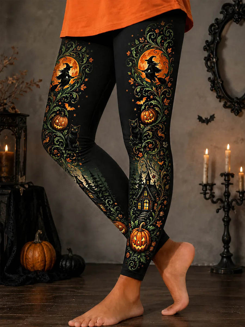 Women's Halloween Black Witch Pumpkin Cat Print Elastic Waist Maxi Pants
