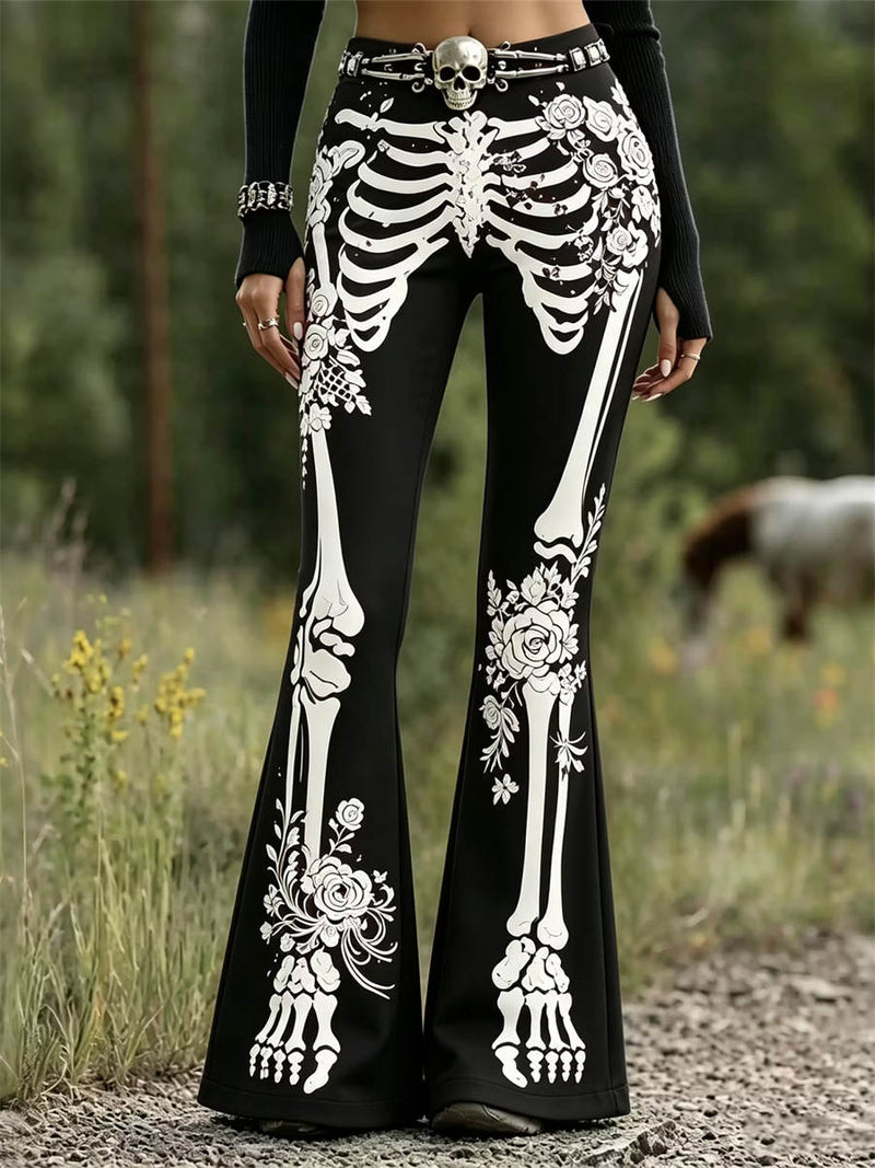 Women's Halloween Black Skeleton Floral Print High Waist Flare Pants