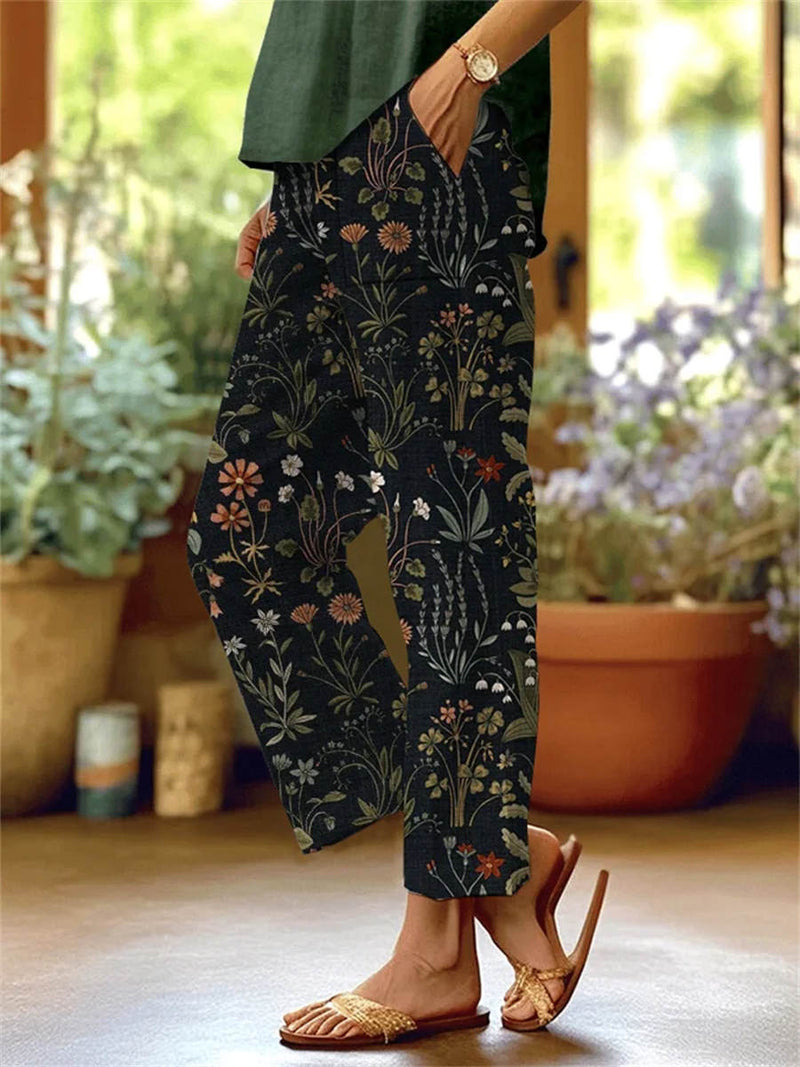 Women's Black Floral Elastic Waist Midi Pants