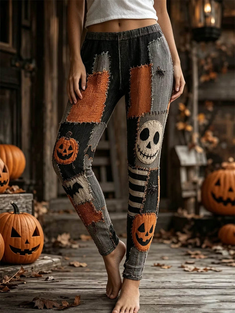 Women's Halloween Multi Pumpkin Skull Patchwork Elastic Waist Skinny Pants