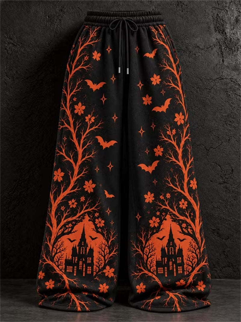 Women's Halloween Black Castle Bat Print Elastic Waist Maxi Pants