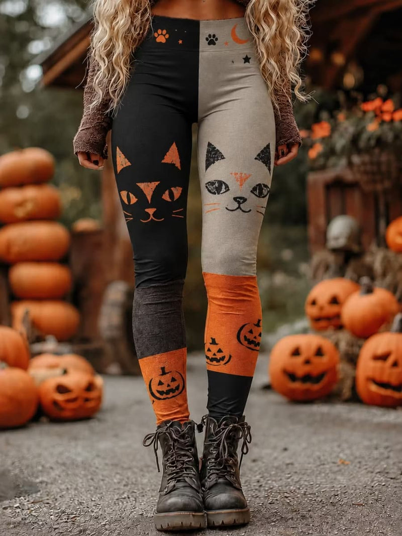 Women's Halloween Multi Cat Pumpkin Print Elastic Waist Maxi Pants