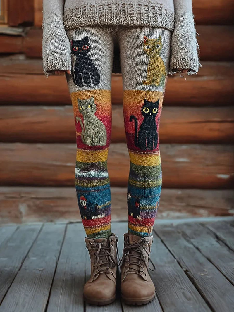 Women's Multi Cat Print Elastic Waist Maxi Pants