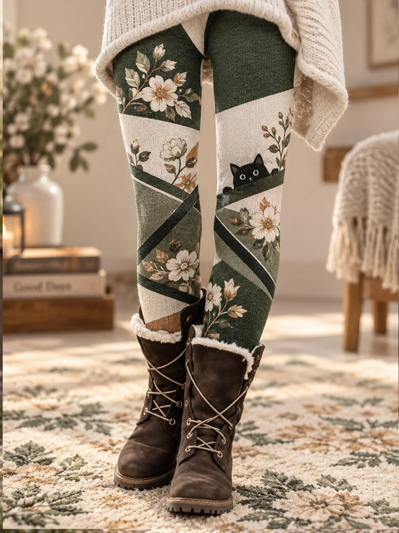 Women's Green Floral Cat Print Elastic Waist Maxi Pants