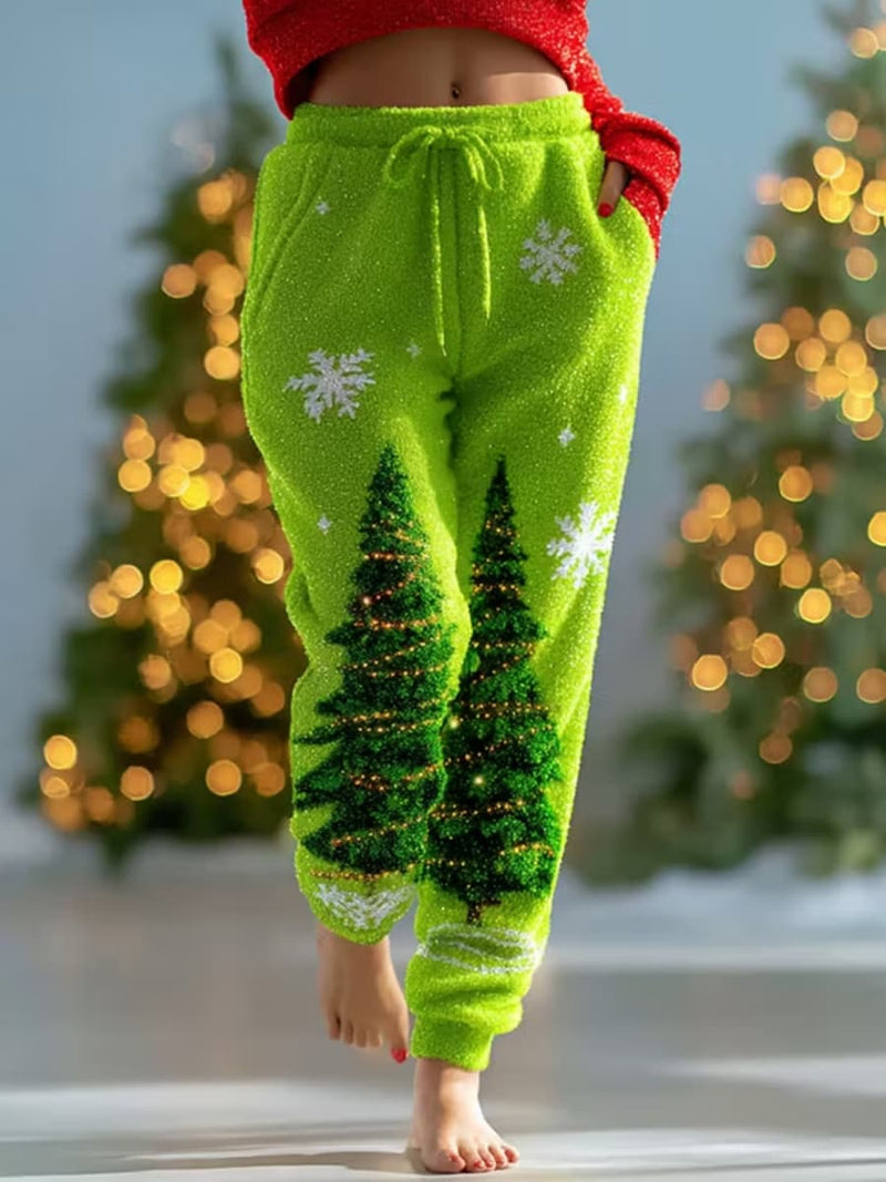 Women's Christmas Green Christmas Tree Snowflake Print Elastic Waist Jogger Pants