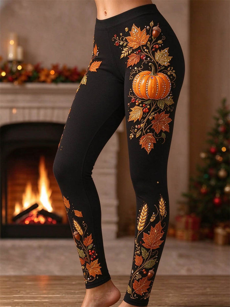 Women's Thanksgiving Black Pumpkin Maple Leaf Print Elastic Waist Full Length Pants