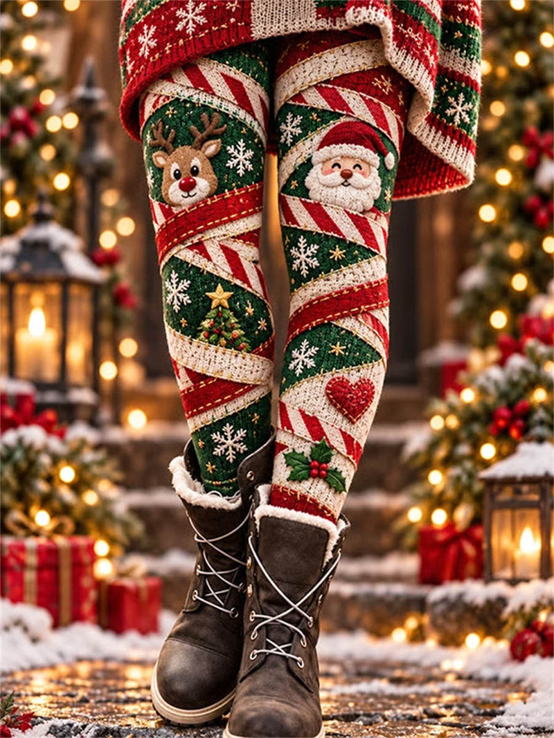 Women's Christmas Multi Santa Reindeer Print Elastic Waist Full Length Pants