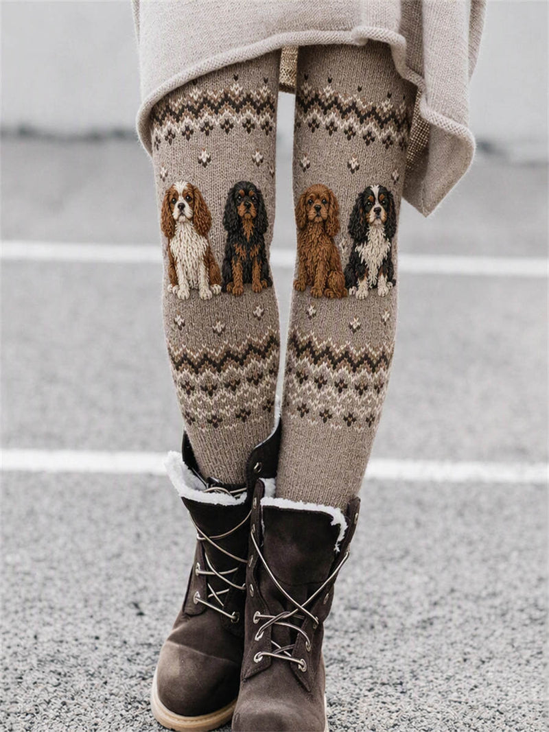 Women's Taupe Cavalier Dog Print Elastic Waist Maxi Pants