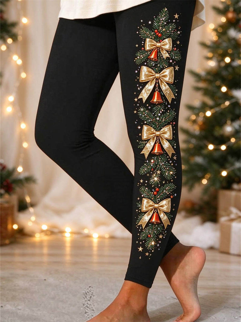 Women's Christmas Black Bell Print Elastic Waist Maxi Pants