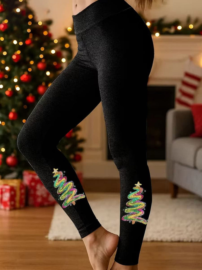 Women's Christmas Black Christmas Tree Print High Waist Full Length Pants