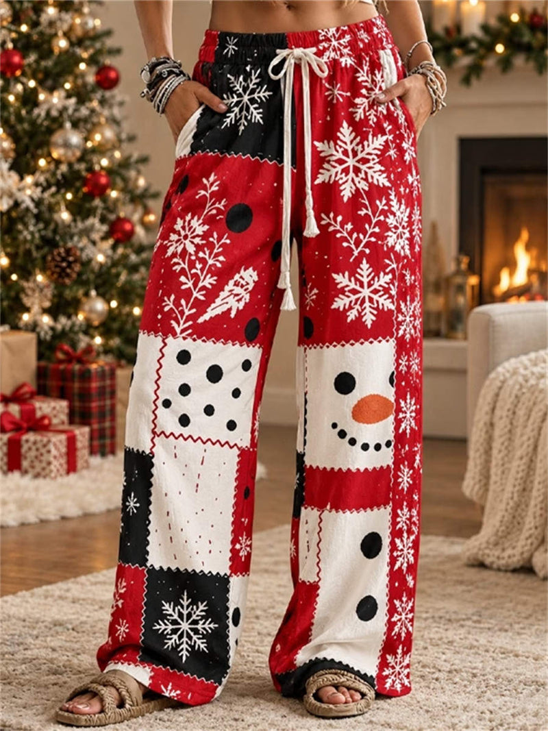 Women's Christmas Multi Snowman Snowflake Color Block Elastic Waist Wide Leg Pants