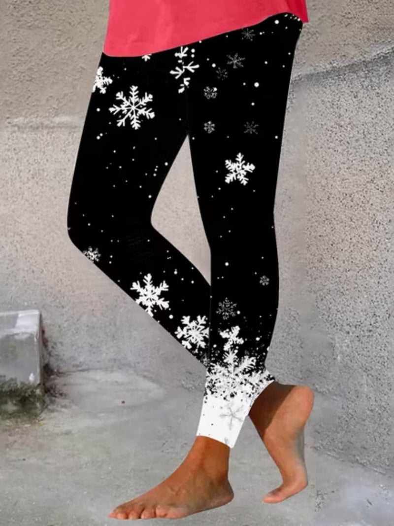 Women's Christmas Black Snowflake Elastic Waist Leggings