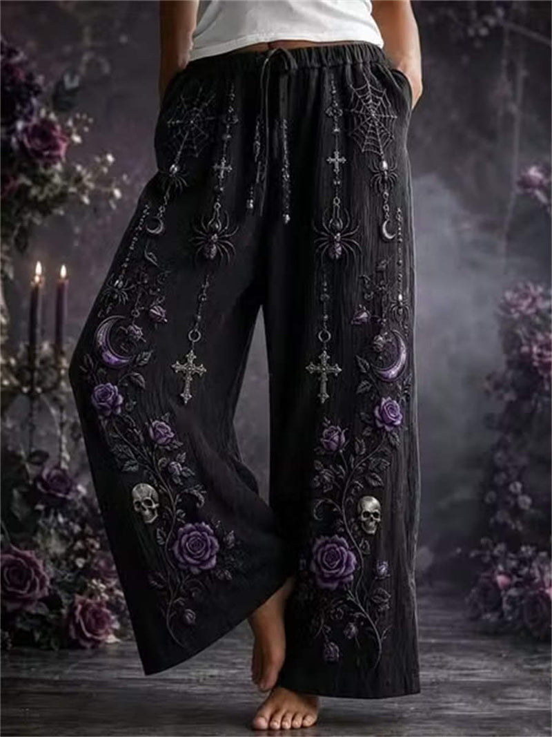 Women's Halloween Black Gothic Print Elastic Waist Wide Leg Pants