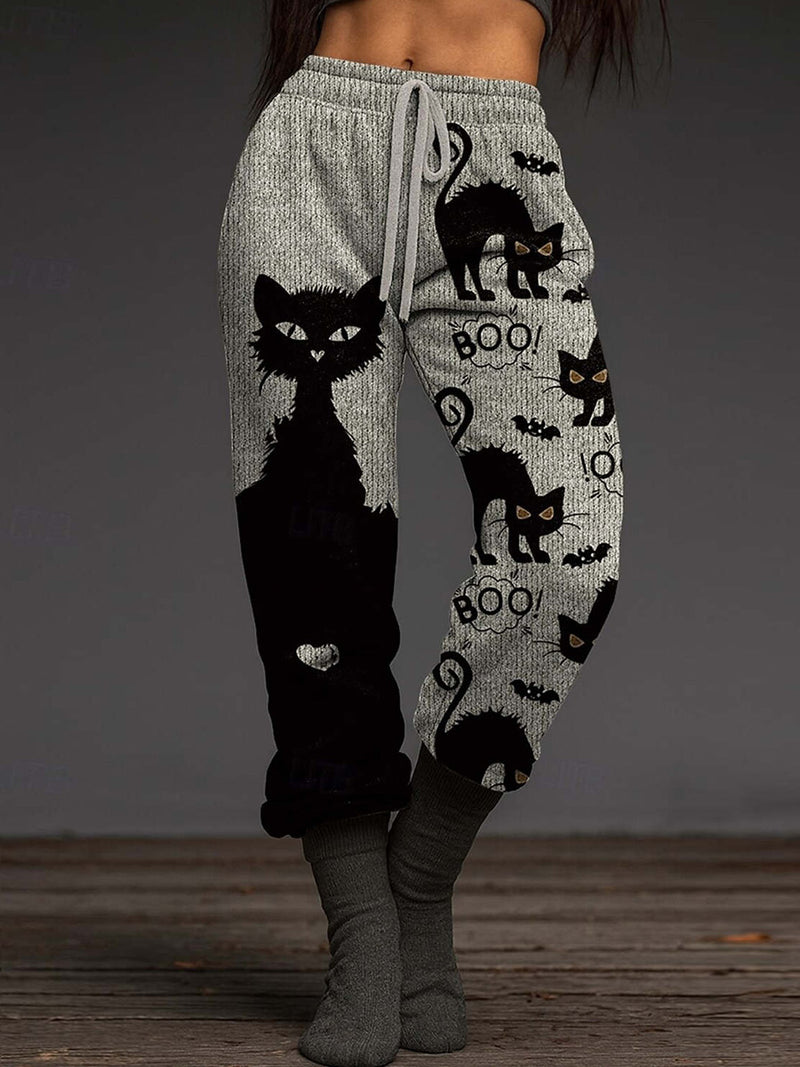 Women's Halloween Grey Black Cat Bat Print Drawstring Waist Jogger Pants